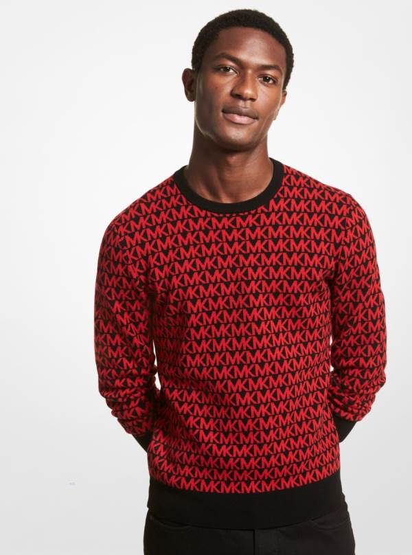 Panske Svetre Michael Kors Logo Jacquard Merino Wool Červené - Oblecenie Michael Kors Vypredaj | POMQD-5063